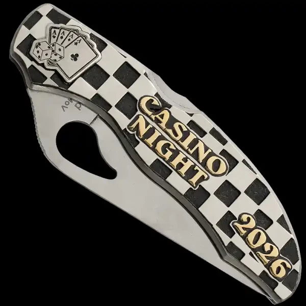 "Bring on the luck with our hand-crafted Canyon custom knife! 

This custom-made knife is crafted using a SpyderCo Byrd knife and a German Silver plate. The German Silver plate is hand-engraved, this knife showcases our distinctive checkered design